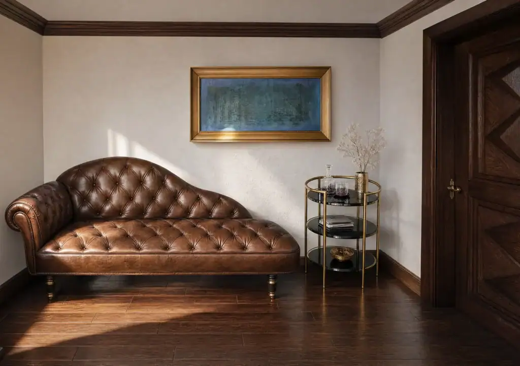 Luxusný interiér, kožená leňoška chesterfield